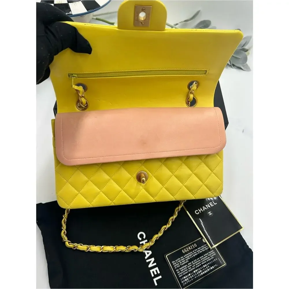 Women's Chanel Classic Quilted double Flap Bag in Yellow with Gold Hardware